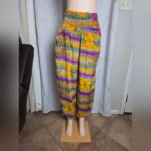 EARTHBOUND Yellow Multicolor Striped Floral Smocked-Waist Harem Pants